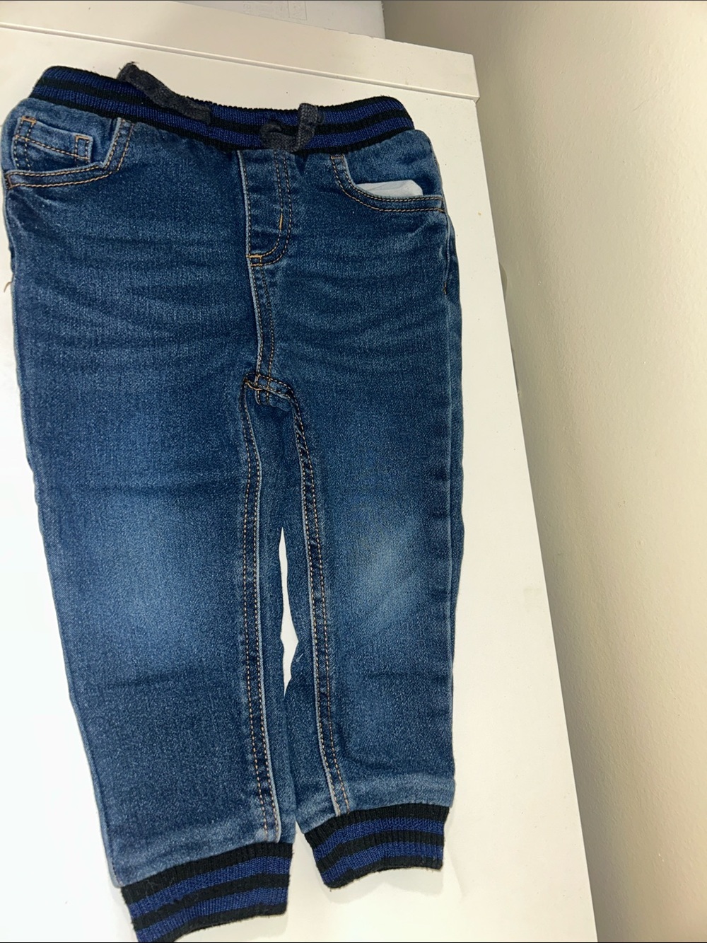 Kids Denim Jogger Jeans in Blue with Striped Rib Cuffs